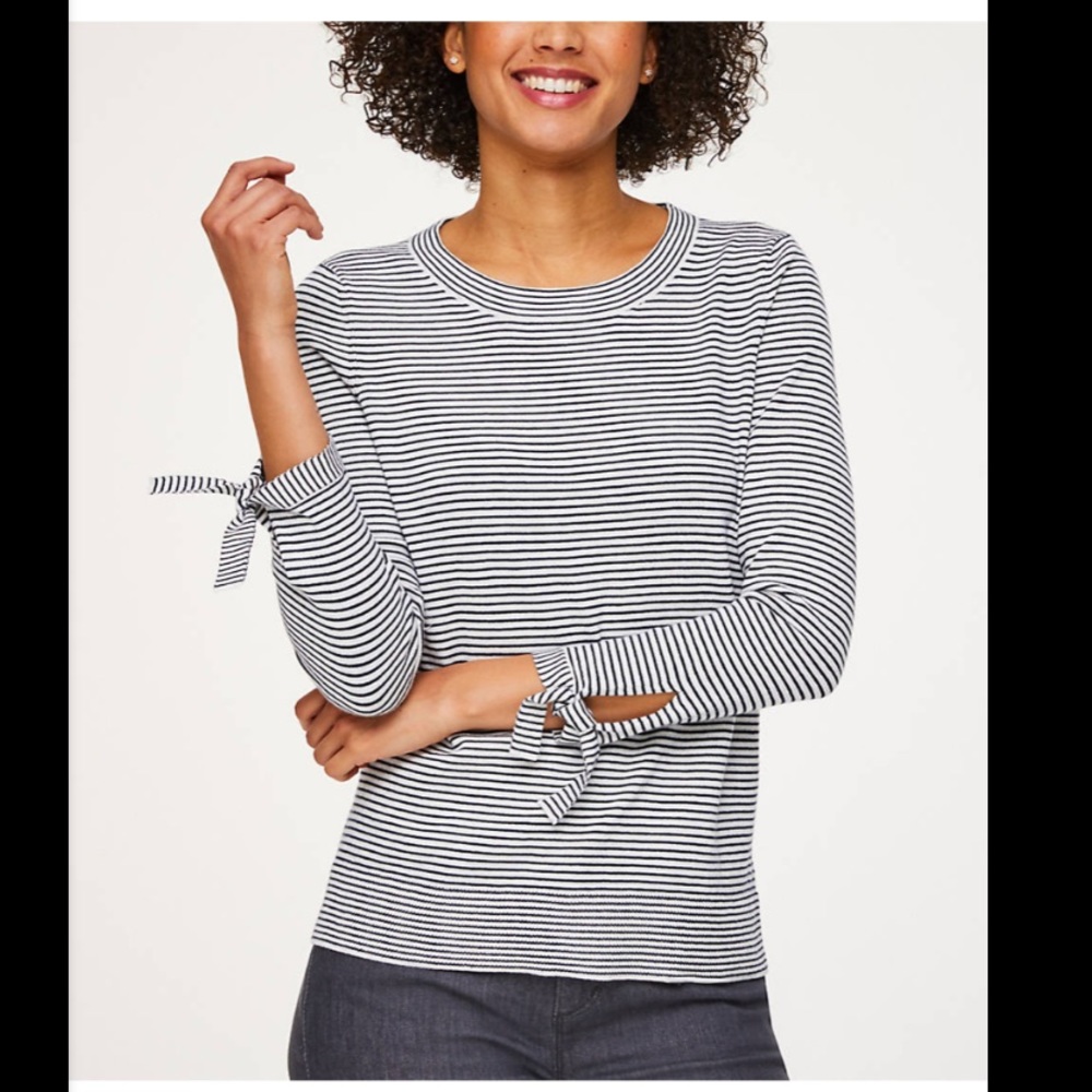 Loft tie sleeve striped sweater NWT
